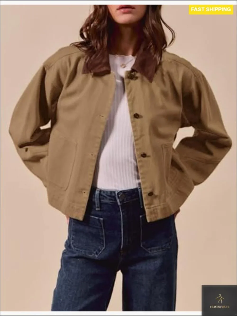 Cropped Barn Jacket Button Down Cord Collar with Pockets Trendy Work Outerwear
